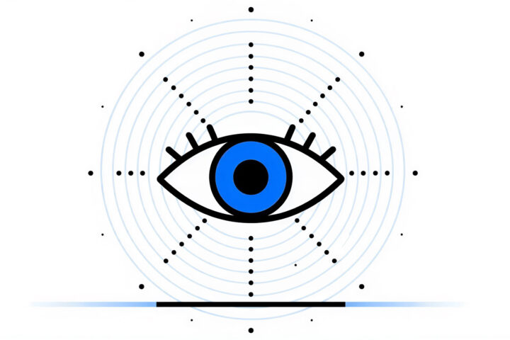 Stylized eye with blue iris surrounded by concentric circles and radiating dots, symbolizing AI-powered server surveillance