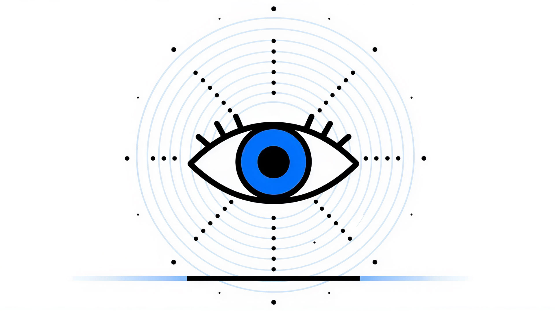 Stylized eye with blue iris surrounded by concentric circles and radiating dots, symbolizing AI-powered server surveillance