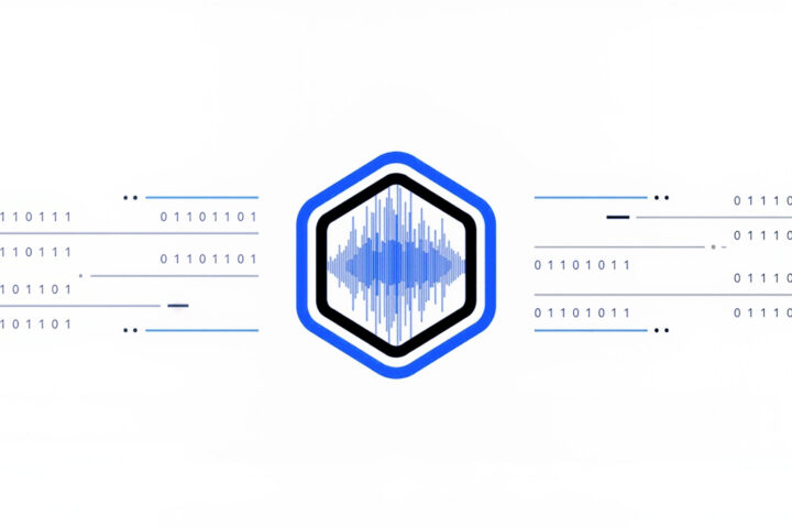 Hexagonal AI icon with audio waveform surrounded by binary code, representing an automated publishing system