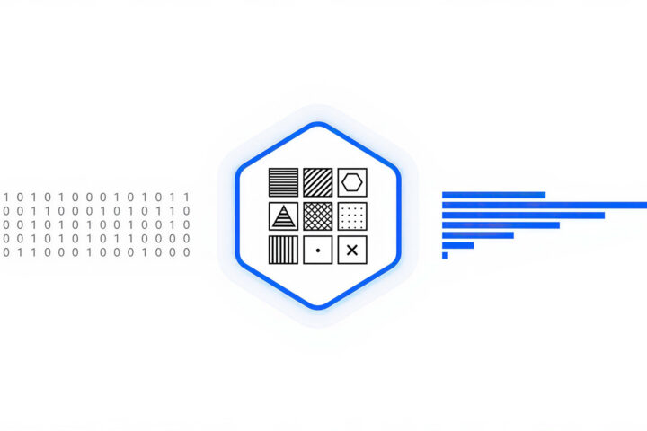 A hexagonal badge enclosing a three-by-three grid of nine geometric tile patterns, with a field of binary digits streaming in from the left and a blue horizontal bar chart extending to the right.