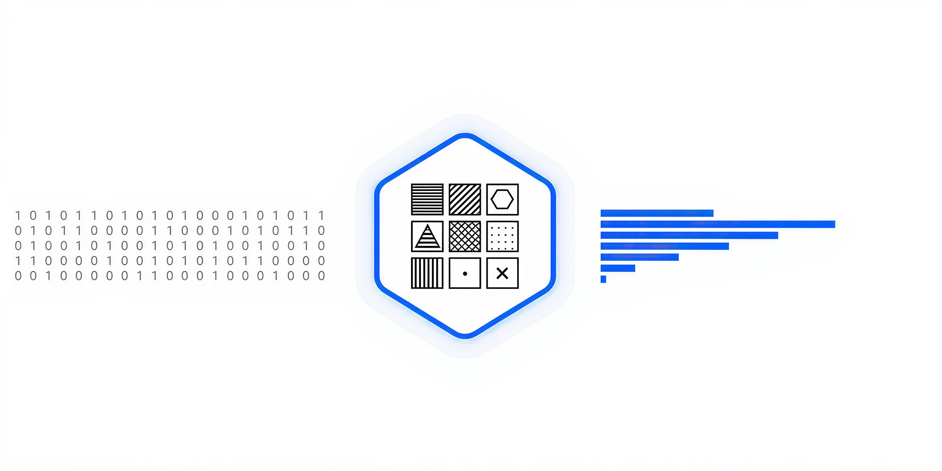 A hexagonal badge enclosing a three-by-three grid of nine geometric tile patterns, with a field of binary digits streaming in from the left and a blue horizontal bar chart extending to the right.