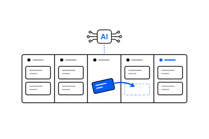 Line illustration of an AI chip moving a blue card from the doing column into the done column on a five-column kanban board
