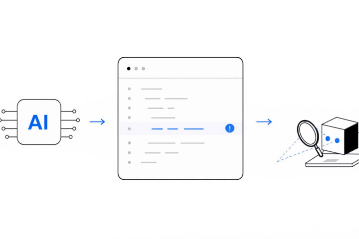 Line illustration: an AI chip generating code that flows into an editor with one flagged line highlighted, then to a laptop with a magnifying glass examining a small black box — representing a local reviewer model inspecting the AI's output